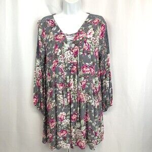 Umgee Womens Medium Peasant Baby Doll Long Sleeve Floral Grey Lace Boho Top M
